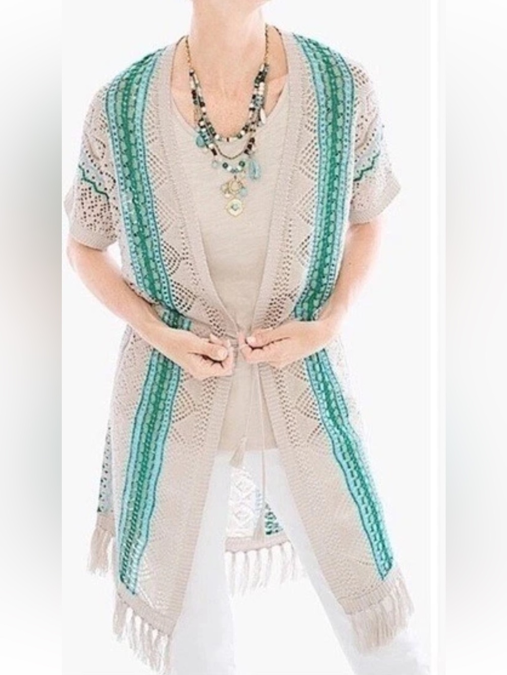 Chico’s Crochet Open Knit Cardigan Sweater Vest XL Petite Fringe Boho Linen